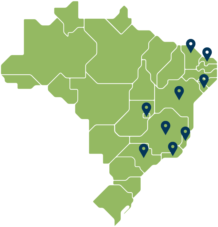 Mapa do Brasil com os pontos de atuação da T&D Sustentável